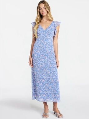 No Boundaries Blue Floral Midi Dress with Ruffle Shoulders